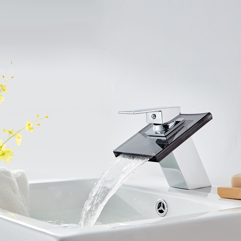 Réduction pour Prime Day Auralum LED Conception moderne verre chute deau de robinet à levier unique robinet de bain robinet dévier de cuisine et salle de bains couleur RGB 